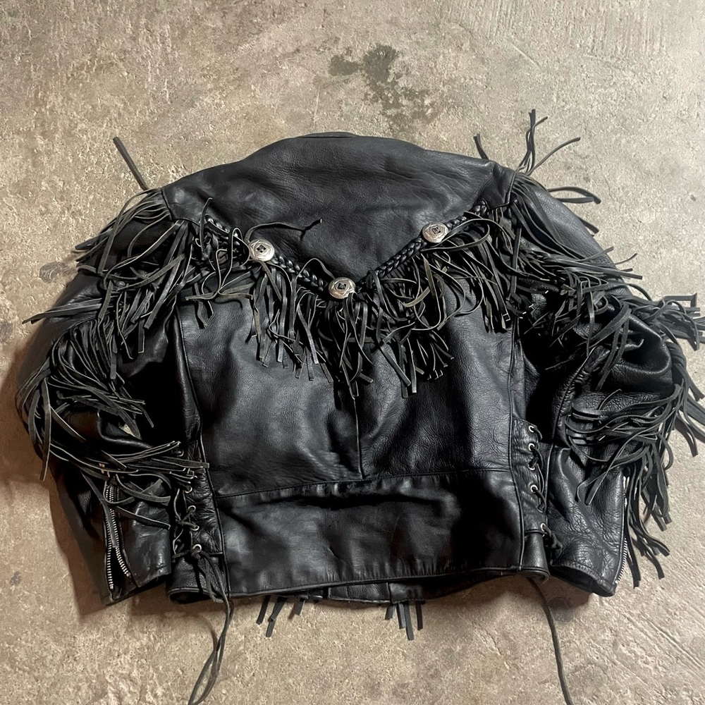 Vintage Putnam PLG Black Leather Bikers Jacket W/Fringe Men's Size 46
